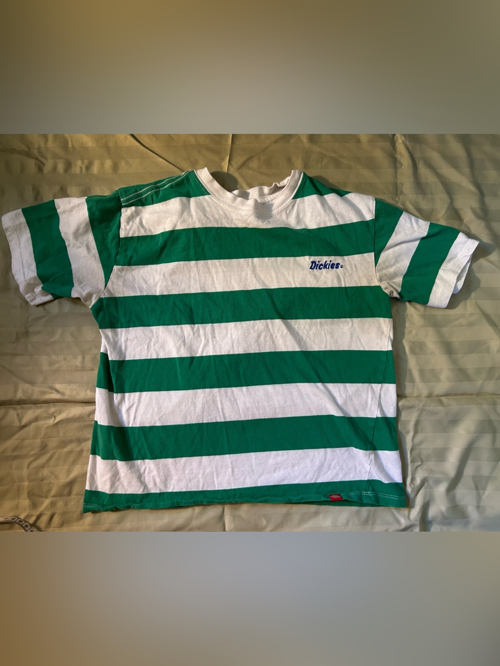 Dickies Green & White Striped Toddler T-Shirt (Size Tag Illegible, Est. 3T-4T)